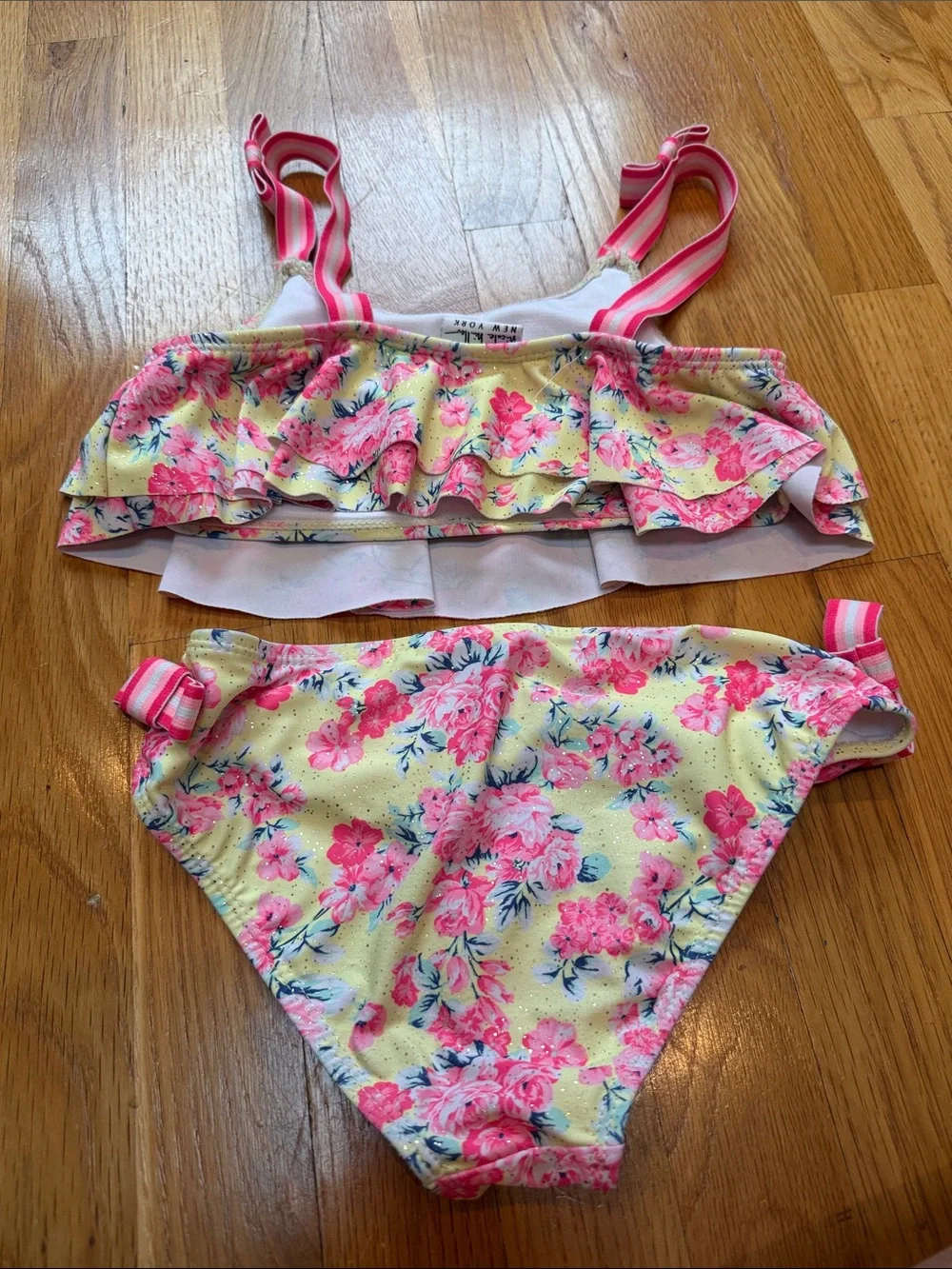Nicole Miller Yellow Floral Ruffle Two-Piece Swimsuit with Pink Accents